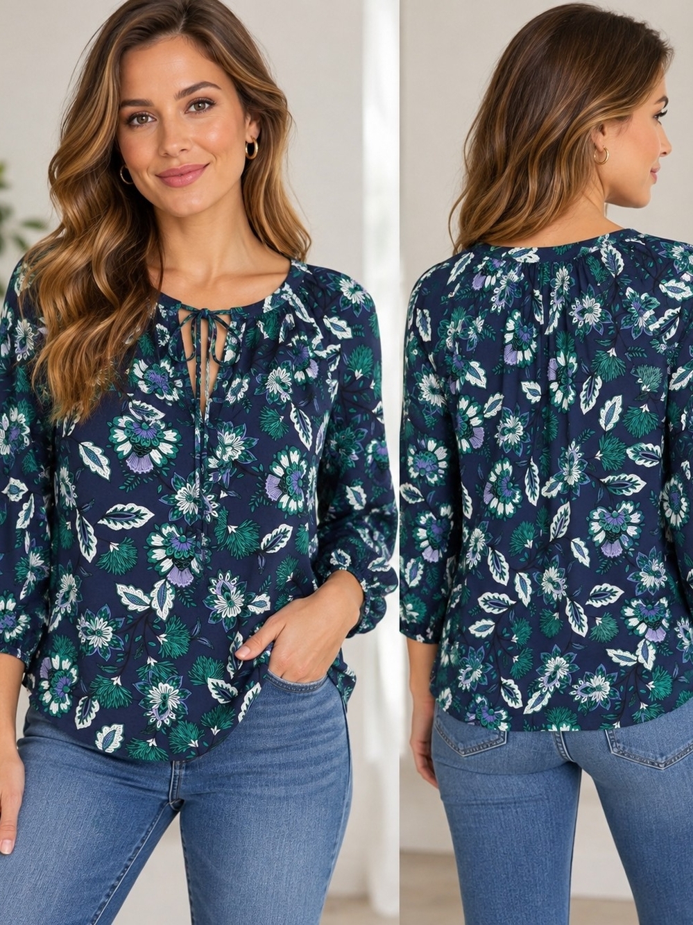 LOFT Boho Floral Blouse Navy Blue Long Sleeve Tie Neck Size S